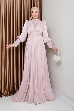 لباس مجلسی حجاب صورتی زنانه یقه ایستاده Olcay - کد 926038327