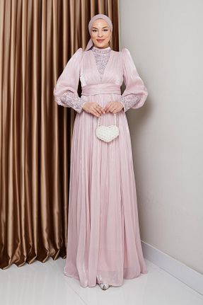 لباس مجلسی حجاب صورتی زنانه یقه ایستاده Olcay - کد 926038327