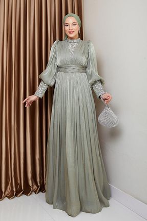 لباس مجلسی حجاب سبز زنانه یقه ایستاده Olcay - کد 926037899