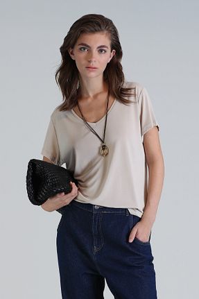 تیشرت بژ زنانه یقه هفت Lufian - کد 847751928