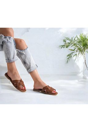 دمپائی قهوه ای زنانه چرم مصنوعی YUNUSTERLİK63 - کد 926428525