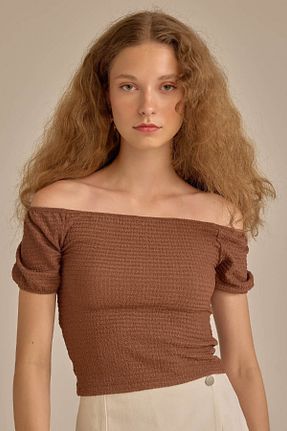 تیشرت قهوه ای زنانه یقه دوچرخه Defacto - کد 844683904