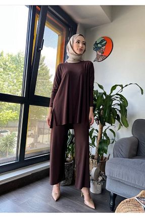 ست بالاتنه و پائین تنه حجاب قهوه ای زنانه Relaxed NİSUM MODA - کد 925288139