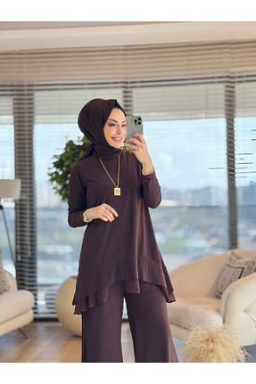 ست بالاتنه و پائین تنه حجاب قهوه ای رگولار ALANUR - کد 925315525