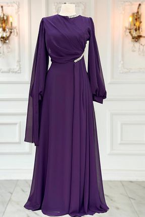 لباس مجلسی حجاب بنفش زنانه شیفون Amine Hüma - کد 925792411