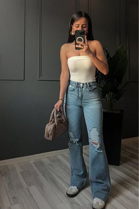 شلوار جین آبی زنانه پاچه پهن style of style - کد 921025387