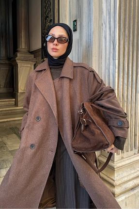 پالتو پشمی حجاب قهوه ای زنانه نیمه فیت Touche Prive - کد 903739168