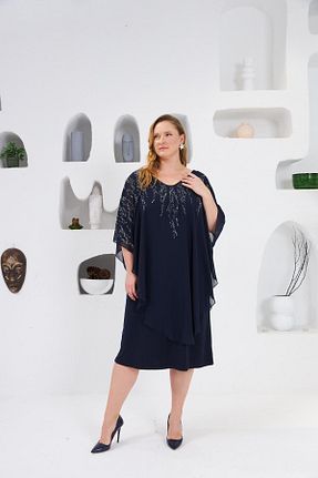 لباس مجلسی سایز بزرگ سرمه ای زنانه یقه دوچرخه Rmg - کد 925768148