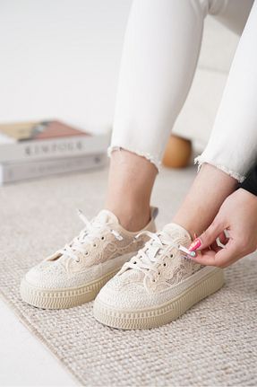 کفش اسنیکر بژ زنانه بند دار Cananın Pabuçları - کد 925810989