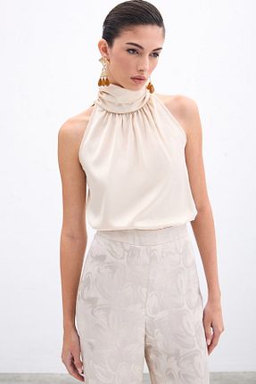 بلوز بژ زنانه چاپی Sateen - کد 925804412