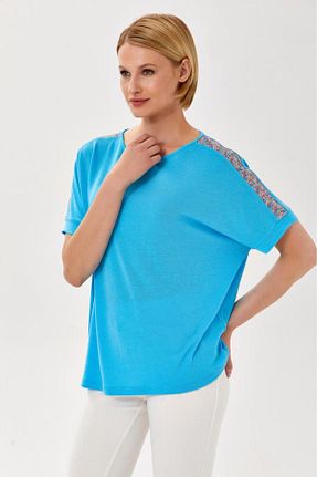 بلوز فیروزه ای زنانه ساده İkiler - کد 833595425