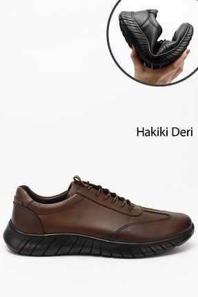 کفش اسنیکر قهوه ای مردانه چرم اصل GÖNDERİ(R) - کد 865232619