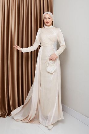 لباس مجلسی حجاب بژ زنانه یقه ایستاده Olcay - کد 899185341