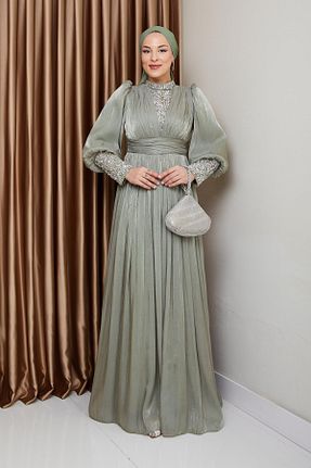 لباس مجلسی حجاب سبز زنانه یقه ایستاده Olcay - کد 926037899