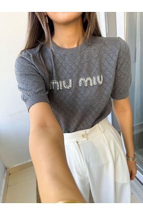 بلوز طوسی زنانه ساده Abalı - کد 818853065