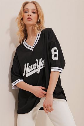 تیشرت مشکی زنانه اورسایز Trend Alaçatı Stili - کد 624124819
