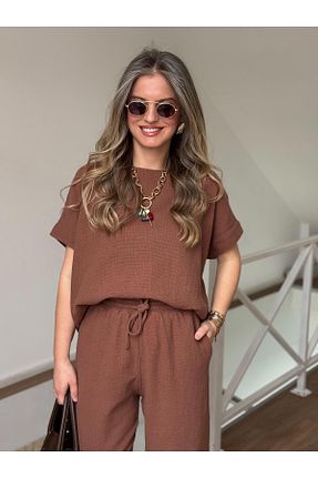 ست بالاتنه و پائین تنه قهوه ای زنانه بافتنی 2she - کد 926771976