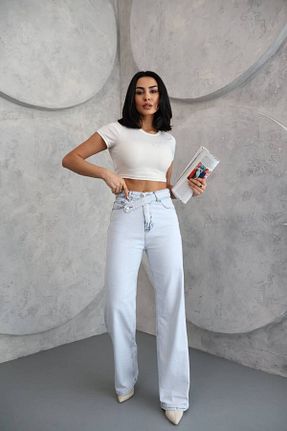 شلوار جین فیروزه ای زنانه فاق بلند Aida Fashion - کد 926810527