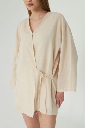 کیمونو و کافتان بژ زنانه کتان SevdeUgur - کد 840411582