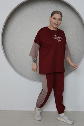 ست گرمکن سایز بزرگ زرشکی زنانه پنبه پلی استر FAMES PİJAMA - کد 927147689