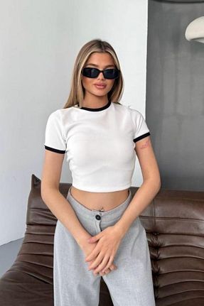 تیشرت سفید زنانه کراپ İLKCET MODA - کد 813529570