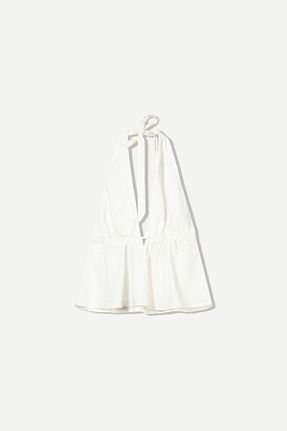 تیشرت سفید زنانه یقه دگاژه Bershka - کد 927359937