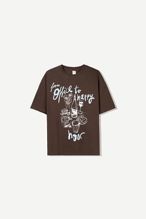 تیشرت قهوه ای زنانه یقه دگاژه Bershka - کد 927354371