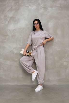 ست بالاتنه و پائین تنه بژ زنانه بافت moda poni - کد 927557990