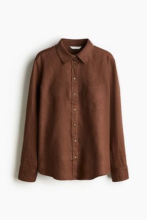 پیراهن قهوه ای زنانه یقه پیراهنی H&M - کد 927649971