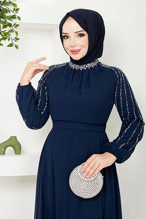 لباس مجلسی حجاب سرمه ای یقه ایستاده InStyle - کد 927891024