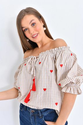 بلوز بژ زنانه اورسایز Genel Markalar - کد 854373477