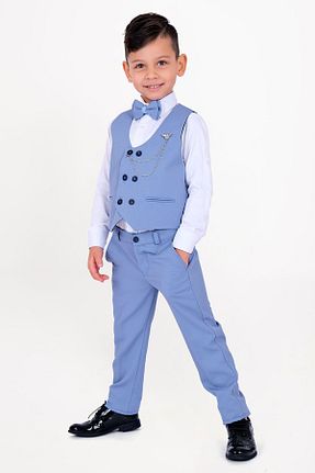 کت و شلوار فیروزه ای بچه گانه یقه پرستوئی Merdia Kids - کد 832134692