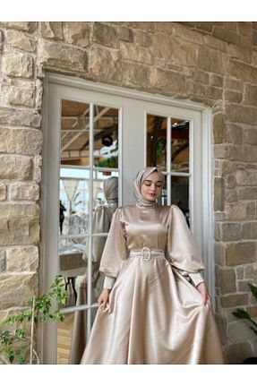 لباس مجلسی حجاب بژ زنانه یقه ماهیگیر LAVENDEL - کد 863073042
