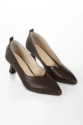 کفش پاشنه بلند کلاسیک قهوه ای زنانه چرم خالص elvinshoes - کد 927131070