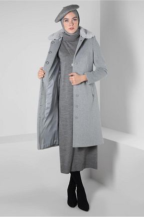 پالتو پشمی حجاب طوسی زنانه رگولار Alvina - کد 789852549