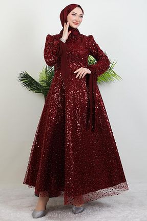 لباس مجلسی حجاب زرشکی زنانه یقه ایستاده giz astore - کد 927275409