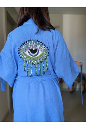 کیمونو و کافتان آبی زنانه کتان Butik - کد 927401344