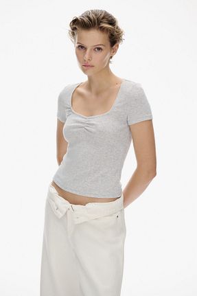 تیشرت طوسی زنانه یقه مربعی H&M - کد 927649023