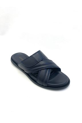 دمپائی سرمه ای مردانه چرم خالص stok83 - کد 927809570