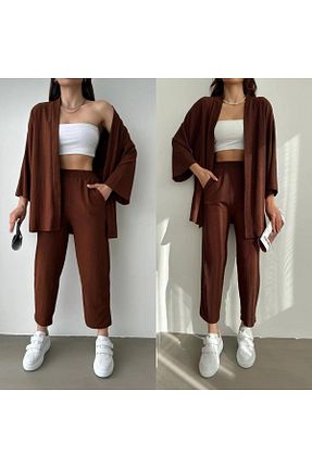 ست بالاتنه و پائین تنه قهوه ای زنانه بافتنی LEONE KOLEKSİYON - کد 927823919
