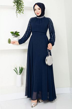 لباس مجلسی حجاب سرمه ای یقه ایستاده InStyle - کد 927891024
