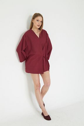 کیمونو و کافتان زرشکی زنانه کتان SevdeUgur - کد 926869005