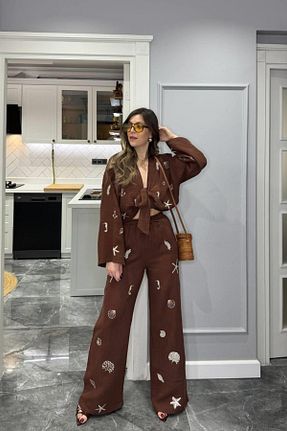 ست بالاتنه و پائین تنه قهوه ای زنانه بافتنی Banu Angay - کد 926937352
