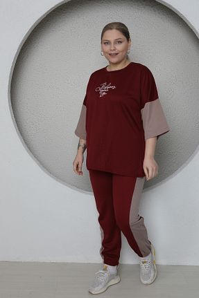 ست گرمکن سایز بزرگ زرشکی زنانه پنبه پلی استر FAMES PİJAMA - کد 927147689