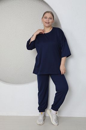 ست گرمکن سایز بزرگ سرمه ای زنانه پنبه پلی استر FAMES PİJAMA - کد 927145217