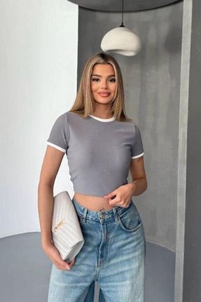 تیشرت طوسی زنانه کراپ İLKCET MODA - کد 813529626