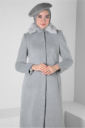 پالتو پشمی حجاب طوسی زنانه رگولار Alvina - کد 789852549