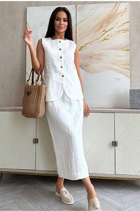 ست بالاتنه و پائین تنه سفید زنانه بافتنی XXL BUTİK - کد 927602063