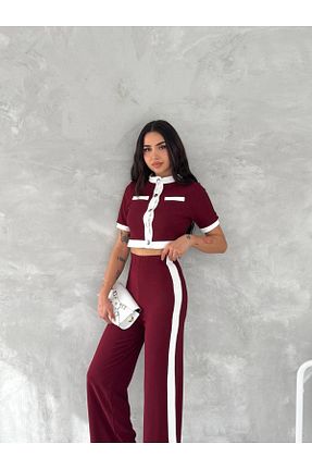 ست بالاتنه و پائین تنه زرشکی زنانه بافت BYKUZEYARAS - کد 927683727