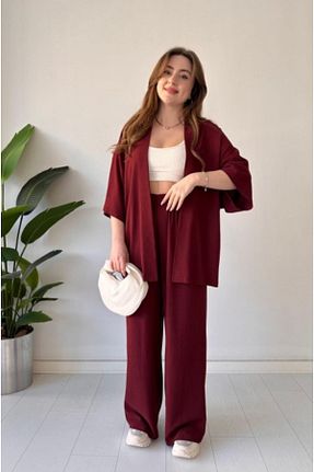 ست بالاتنه و پائین تنه زرشکی زنانه بافتنی BUTİK1AVM - کد 927695229
